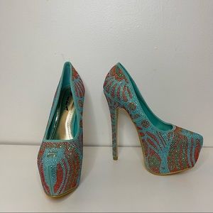 Alba Mint Beaded Platform Heels Blue And Orange Rhinestones